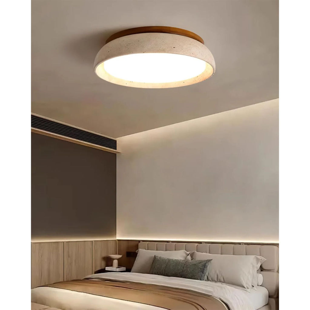 Kaia Plafondlamp | Travertin & Hout | Warm 3000K LED Licht | Minimalistisch Design