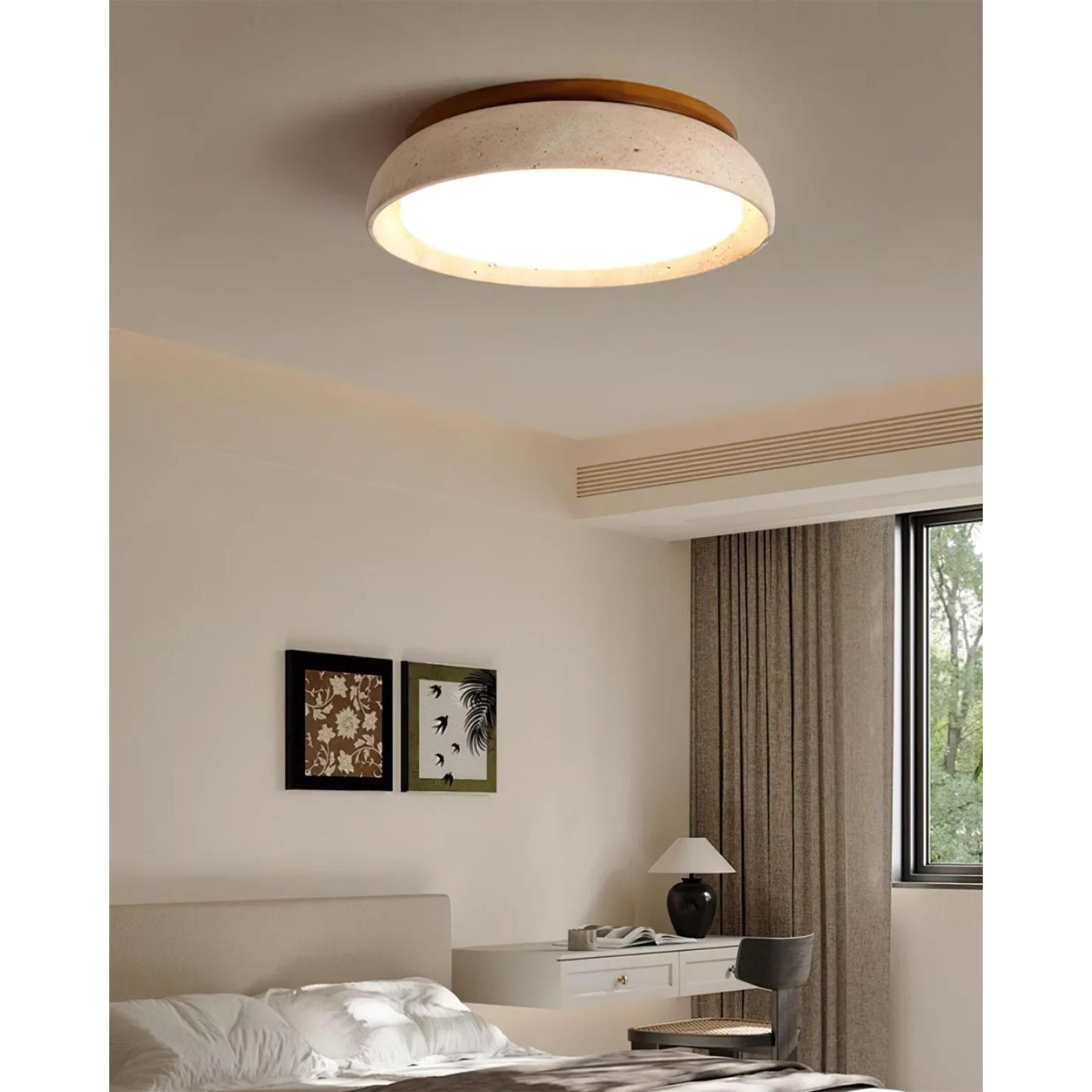 Kaia Plafondlamp | Travertin & Hout | Warm 3000K LED Licht | Minimalistisch Design