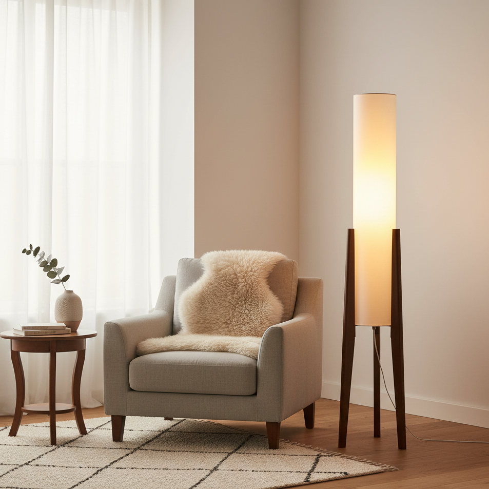 Norei Staande Lamp | Walnoothout & Messing | Stoffen Kap | Warm LED Licht