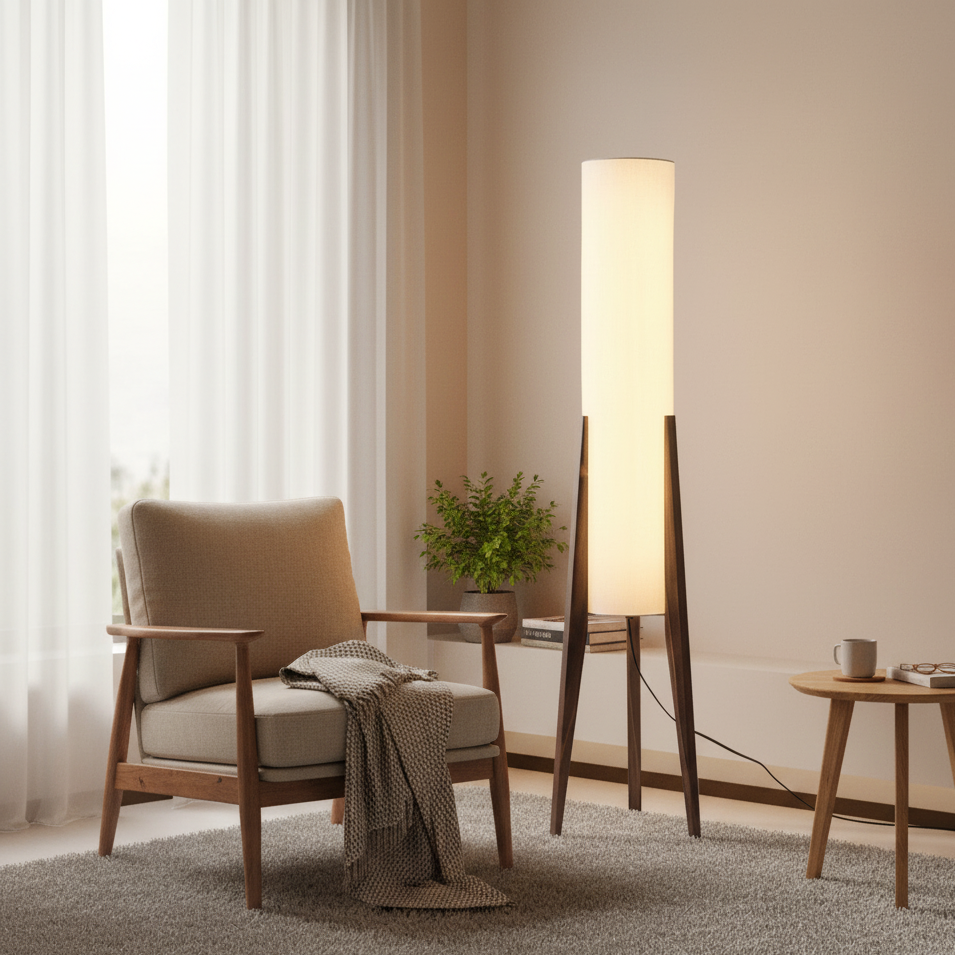 Norei Staande Lamp | Walnoothout & Messing | Stoffen Kap | Warm LED Licht