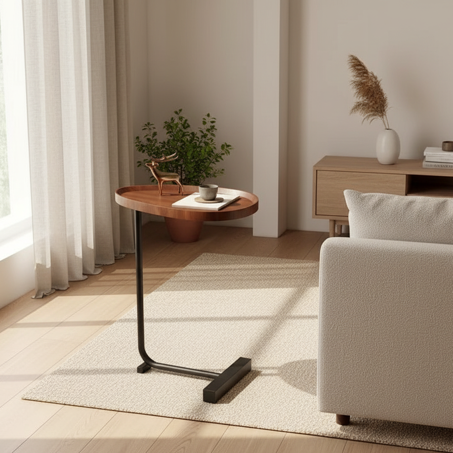 Liva Bijzettafel | C-vormig Design | Hout & Metaal | Voor Bank of Bed