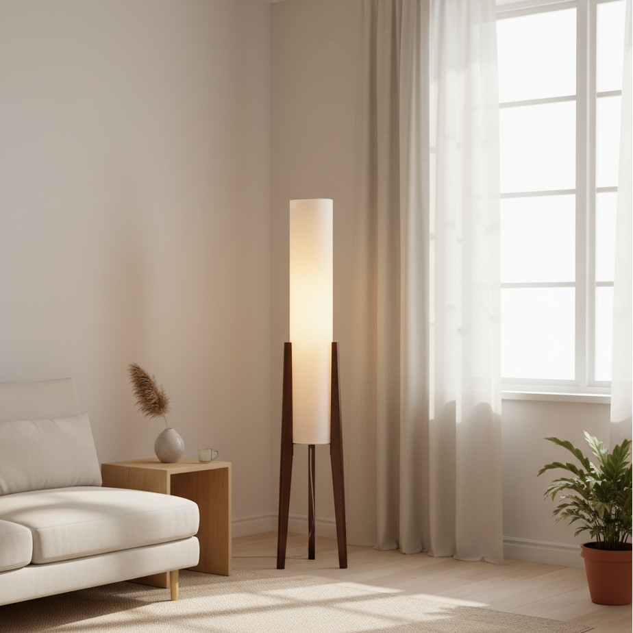 Norei Staande Lamp | Walnoothout & Messing | Stoffen Kap | Warm LED Licht