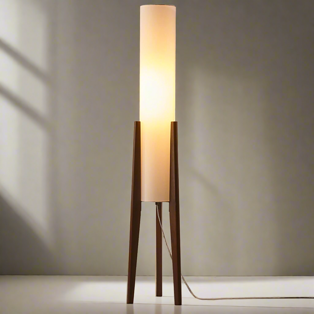 Norei Staande Lamp | Walnoothout & Messing | Stoffen Kap | Warm LED Licht