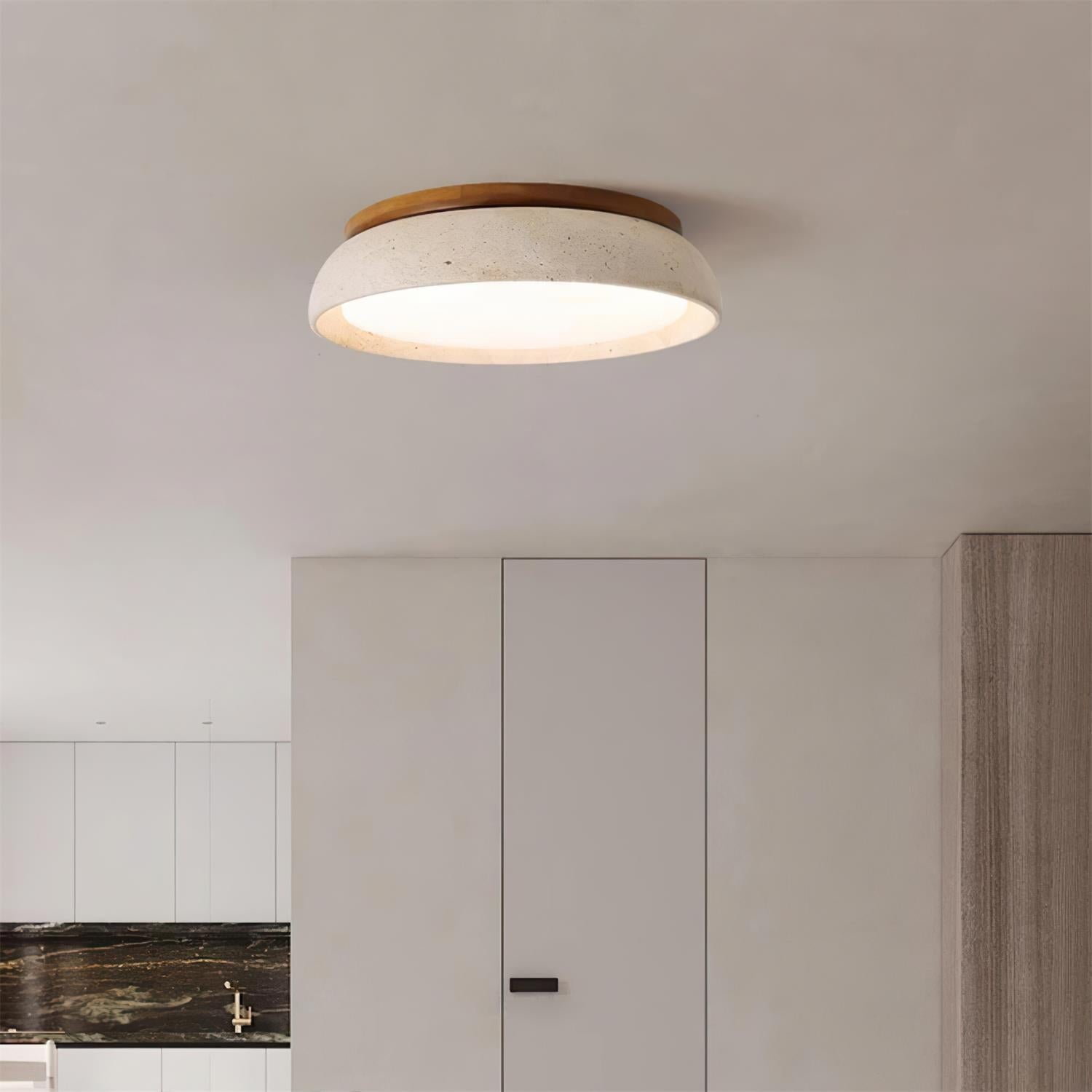 Kaia Plafondlamp | Travertin & Hout | Warm 3000K LED Licht | Minimalistisch Design